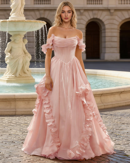 blush off shoulder ruffle tulle ball gown prom dress with floral applique - image 4