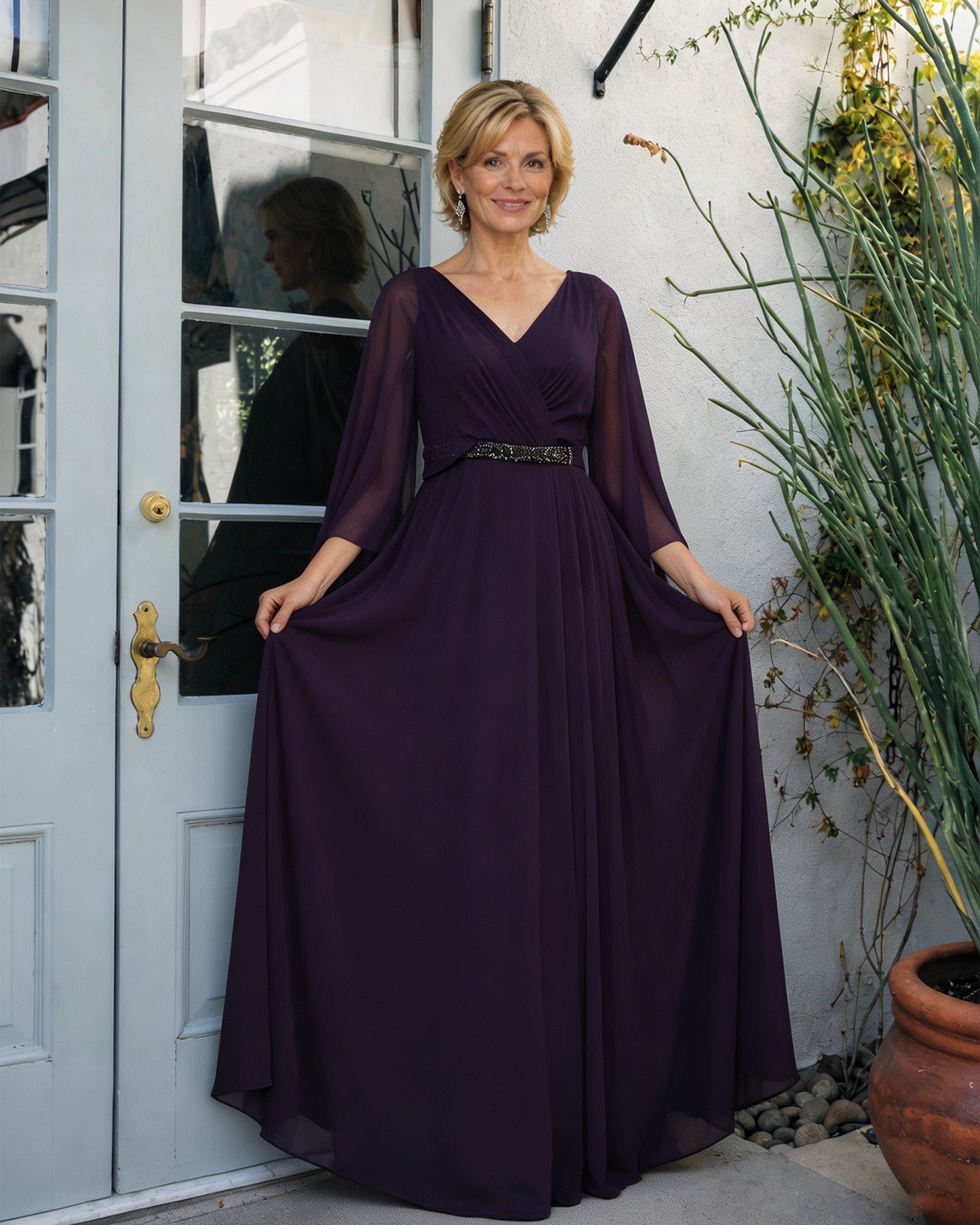 V-Neck Cape Sleeve Chiffon Mother of the Bride Dress with Beaded Belt - movement view of flowing A-line hem