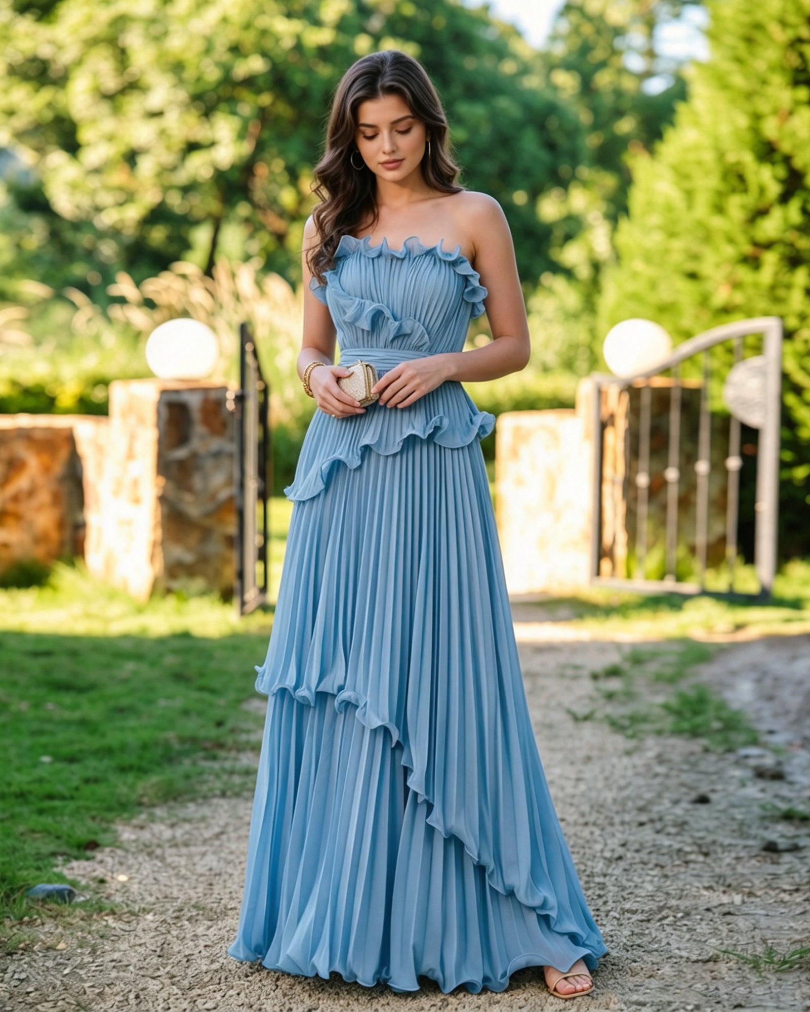 strapless ruffle pleated formal dress with tiered skirt - image 4