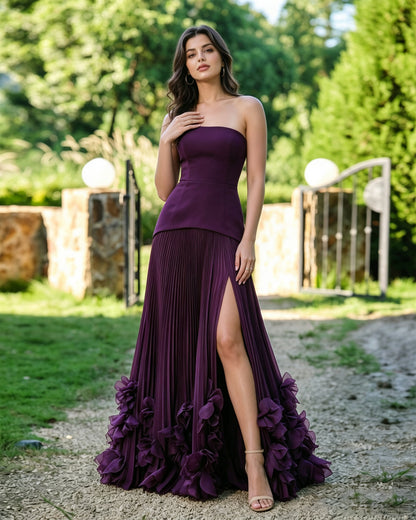 strapless floral hem formal dress with pleated slit dress - image 4