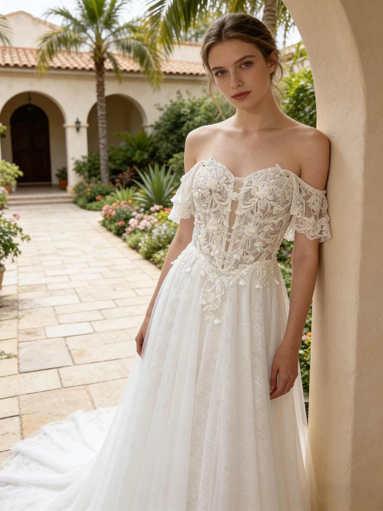 off shoulder lace tulle A-line wedding dress with flutter sleeve - image 4