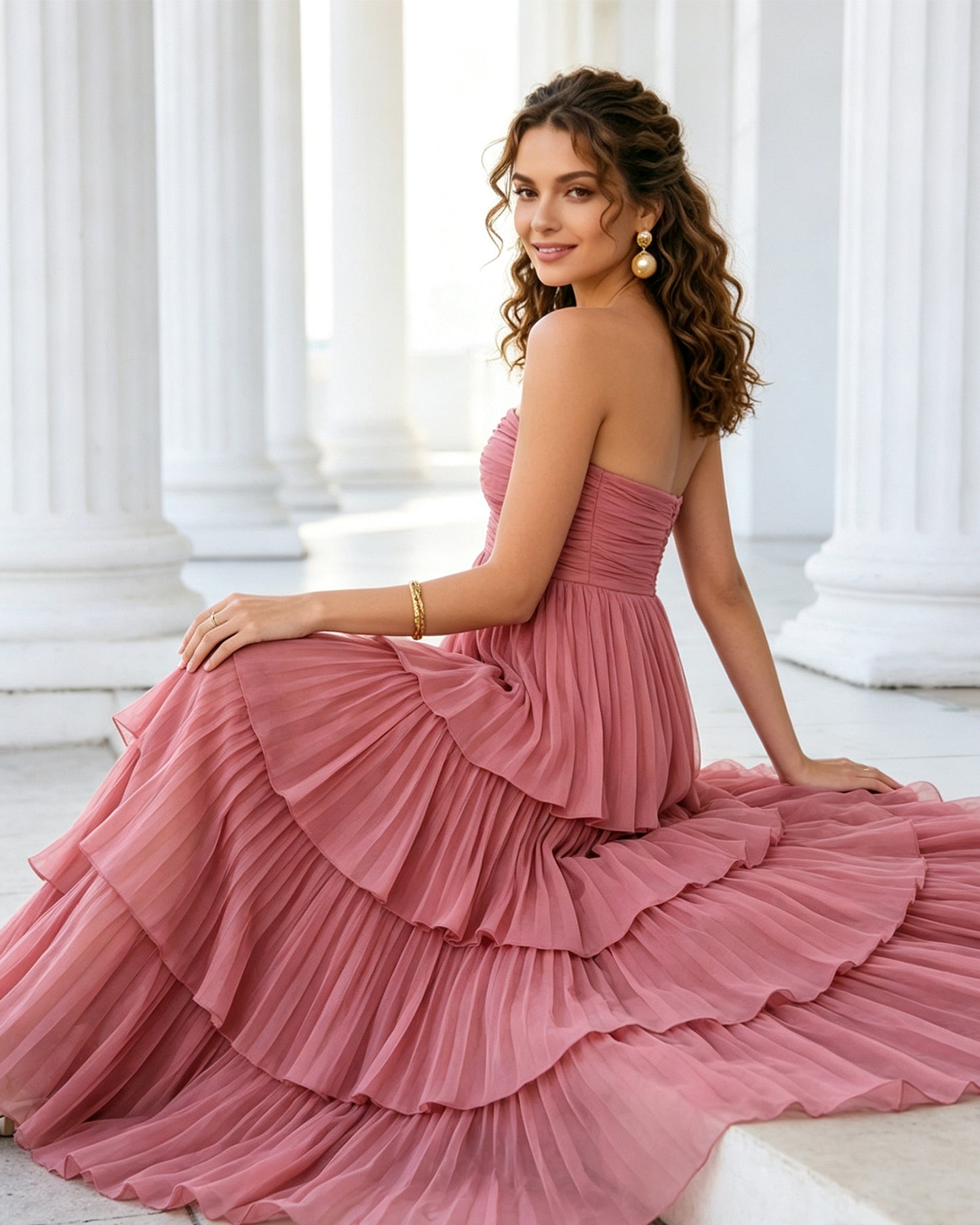 strapless tiered pleated formal dress with ruffle dress - image 4