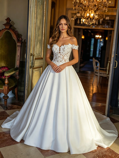 off shoulder satin ball gown wedding dress with beaded lace bodice - image 4