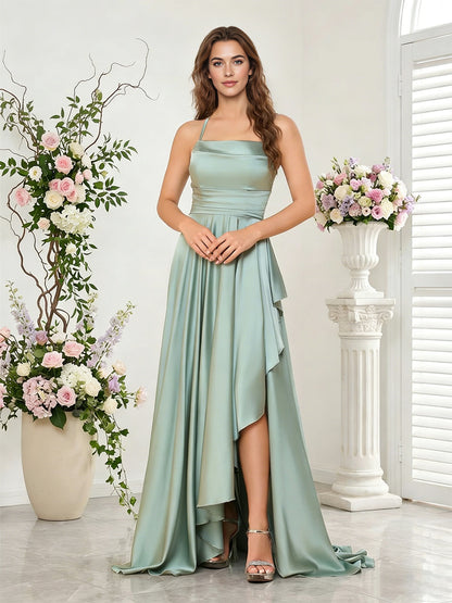 open back halter bridesmaid dress with high low overlay dress - image 4