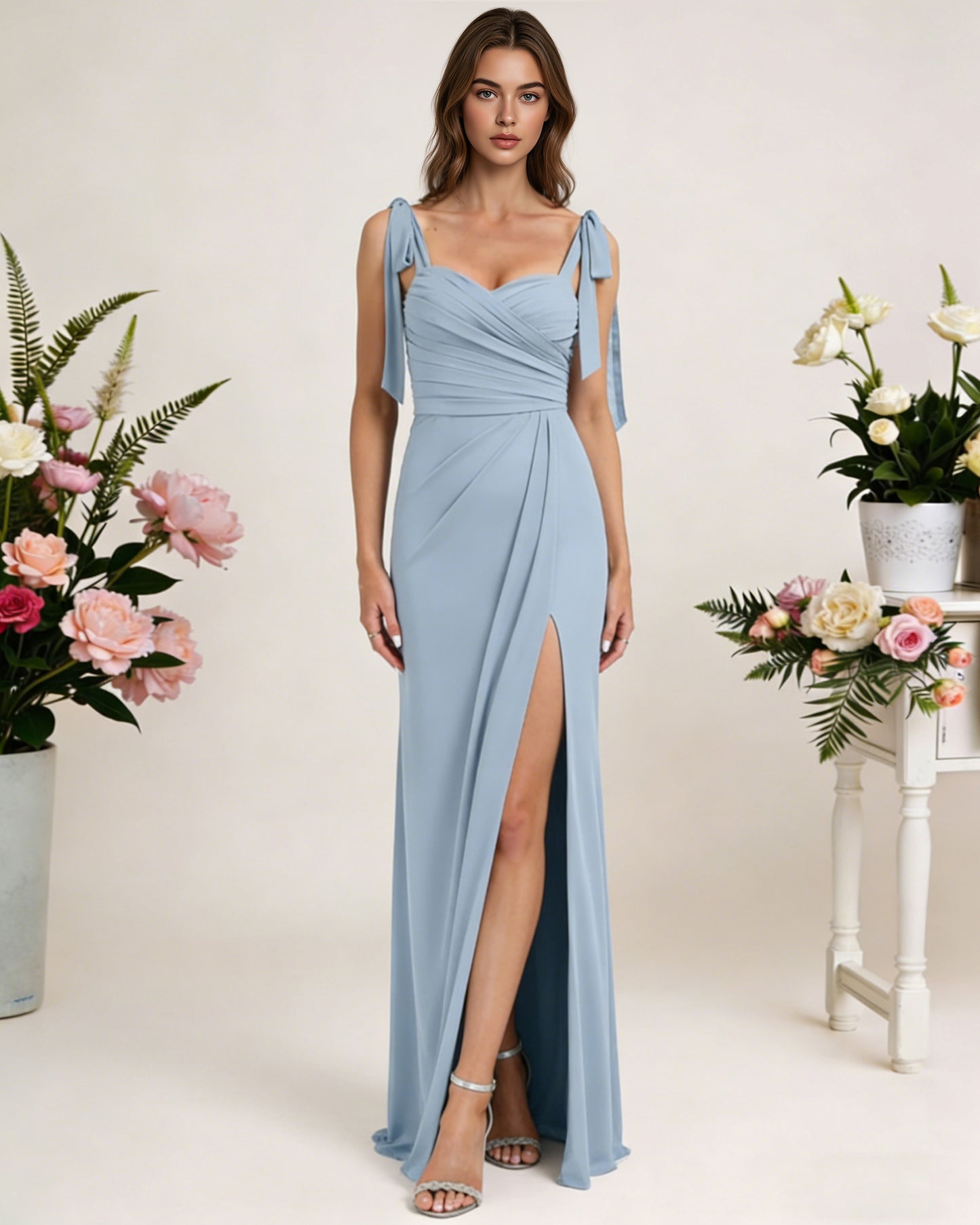 tie strap chiffon bridesmaid dress with square neck and high slit - image 4
