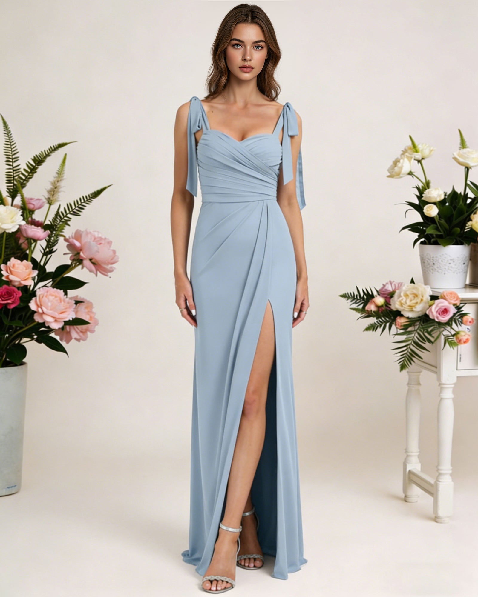 tie strap chiffon bridesmaid dress with square neck and high slit - image 4