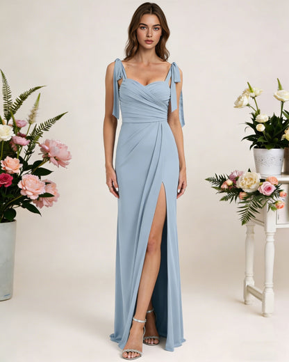 tie strap chiffon bridesmaid dress with square neck and high slit - image 4