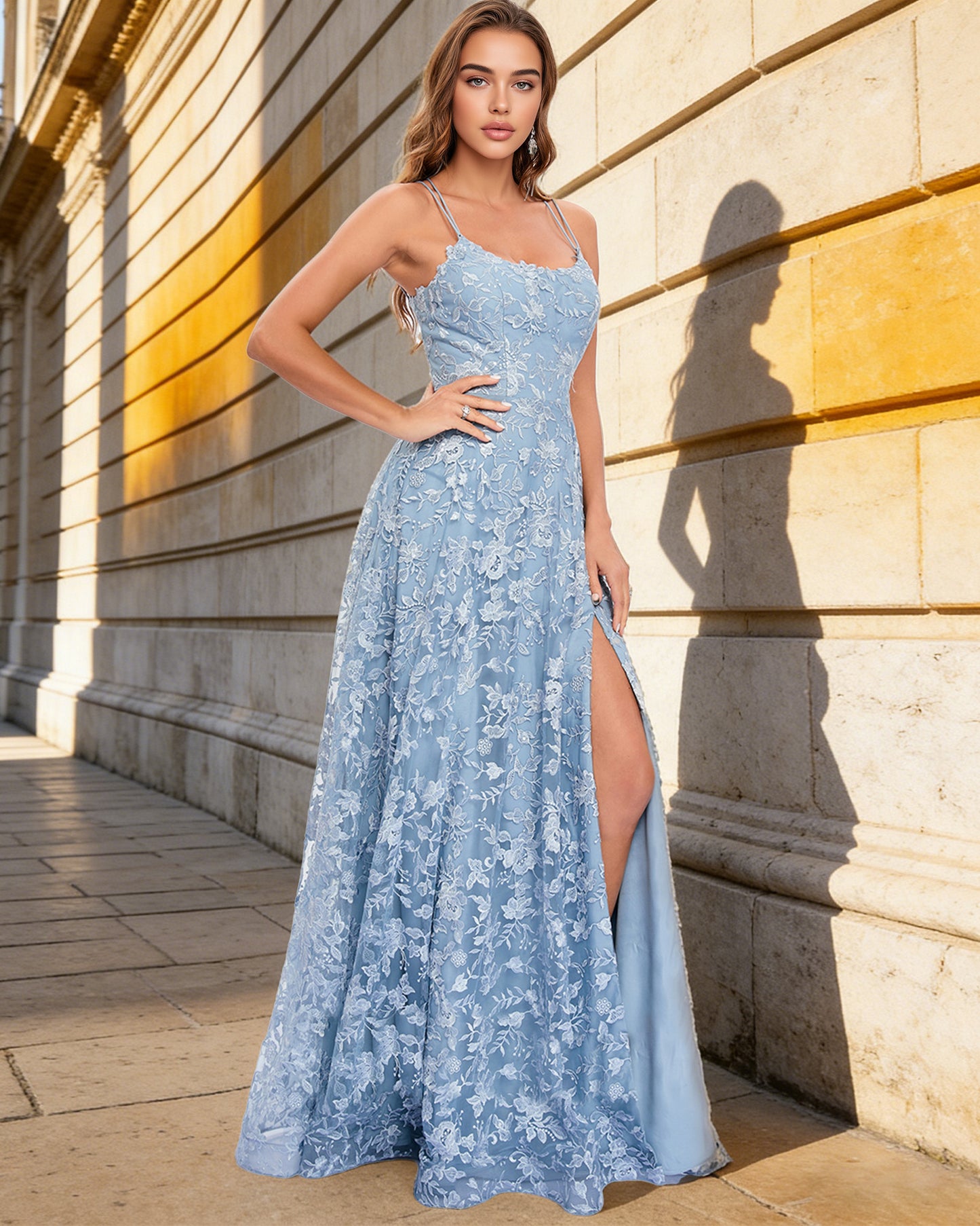 light blue scoop neck lace A-line prom dress with side slit - image 4