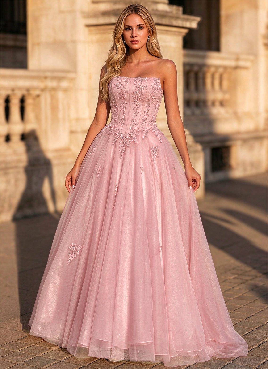 Strapless Corset Tulle Ball Gown Floral Lace Applique Prom Dress