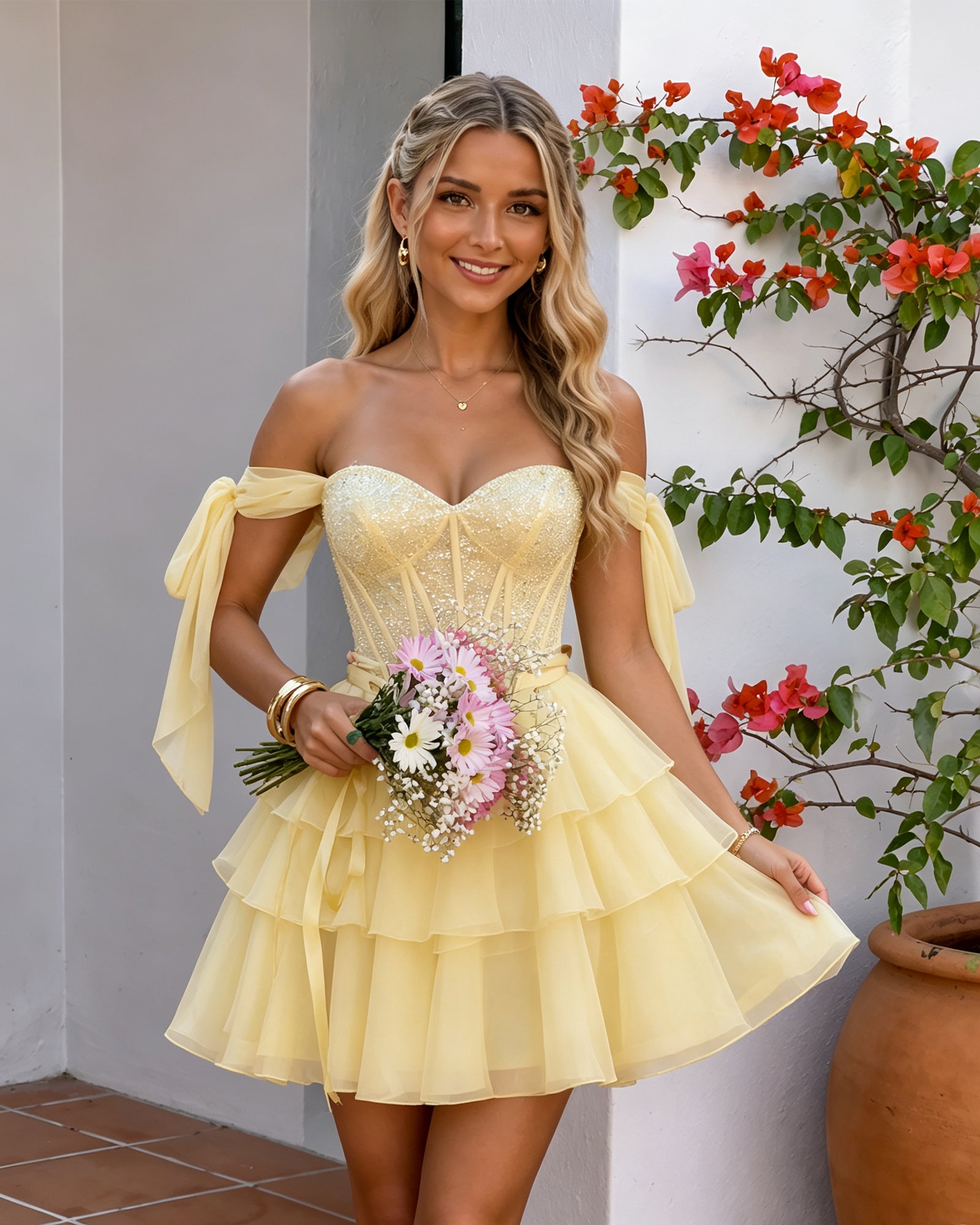 light yellow off-shoulder lace corset tiered tulle homecoming dress - bodice detail