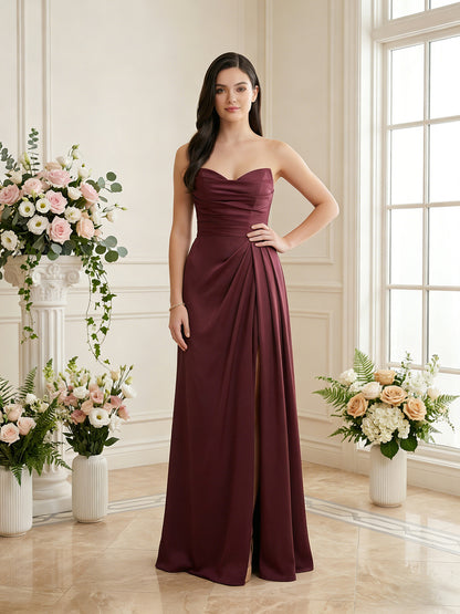 strapless pleated satin bridesmaid dress with side slit - image 4