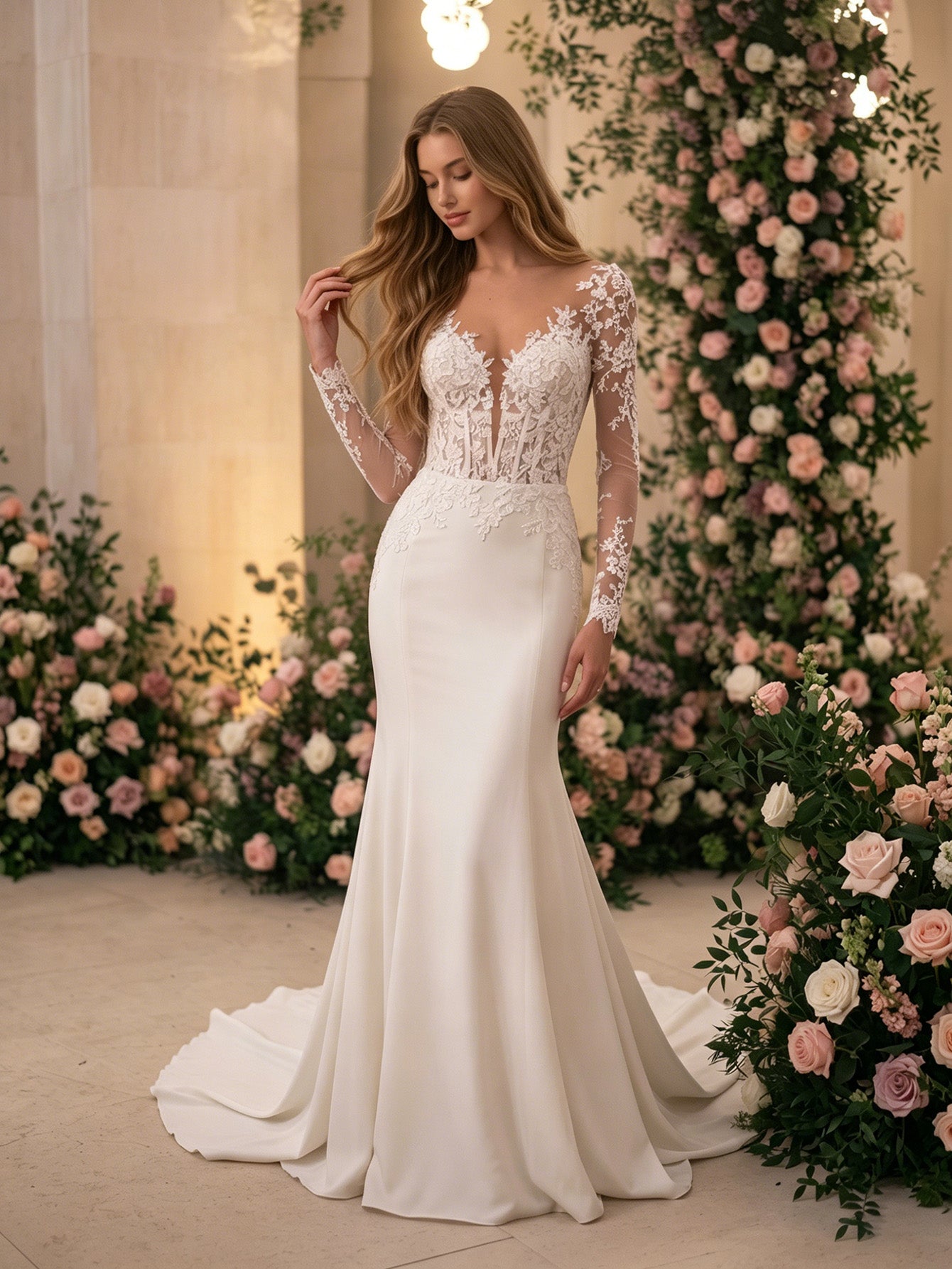 strapless lace mermaid wedding dress with corset bodice and train - image 4