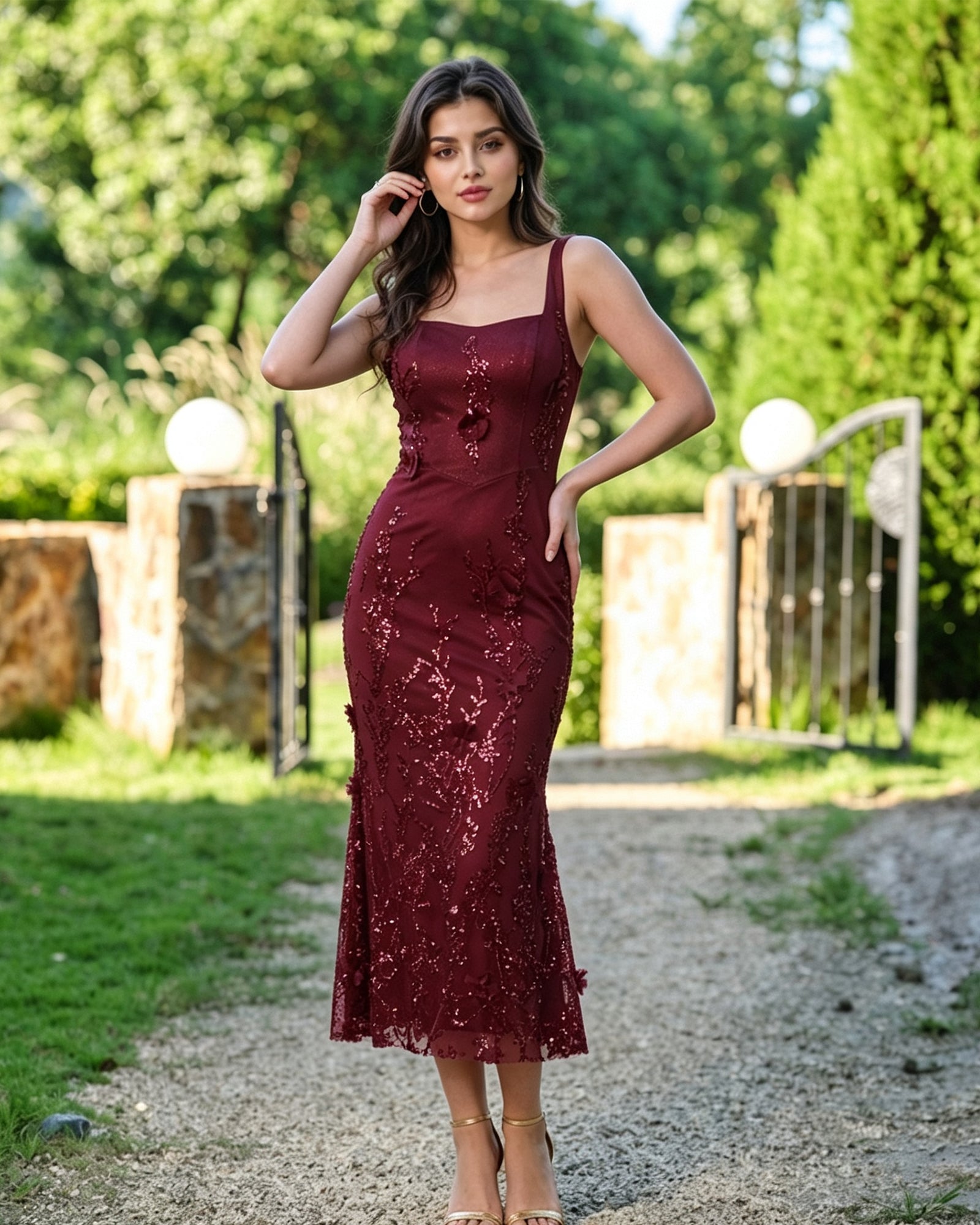 square neck sequin lace midi formal dress with floral applique - image 4