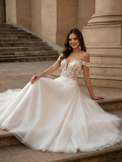 off shoulder lace A-line wedding dress with illusion bodice and train - image 4
