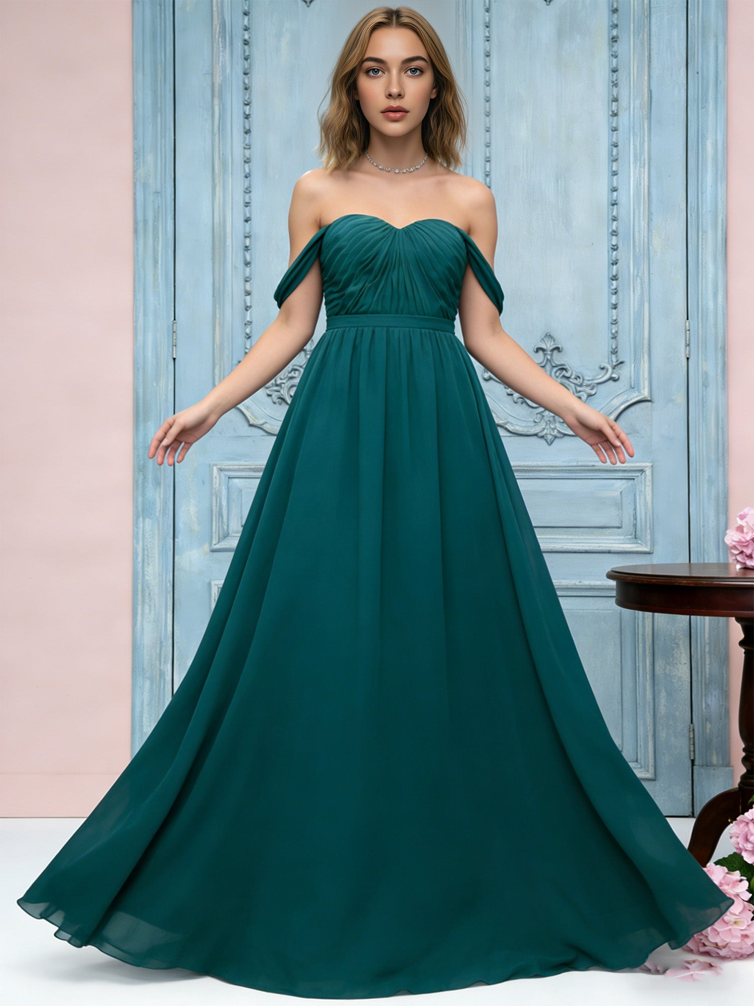 off shoulder sweetheart chiffon bridesmaid dress with ruched bodice - image 5
