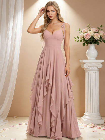 spaghetti strap chiffon bridesmaid dress with cascading ruffle dress - image 5