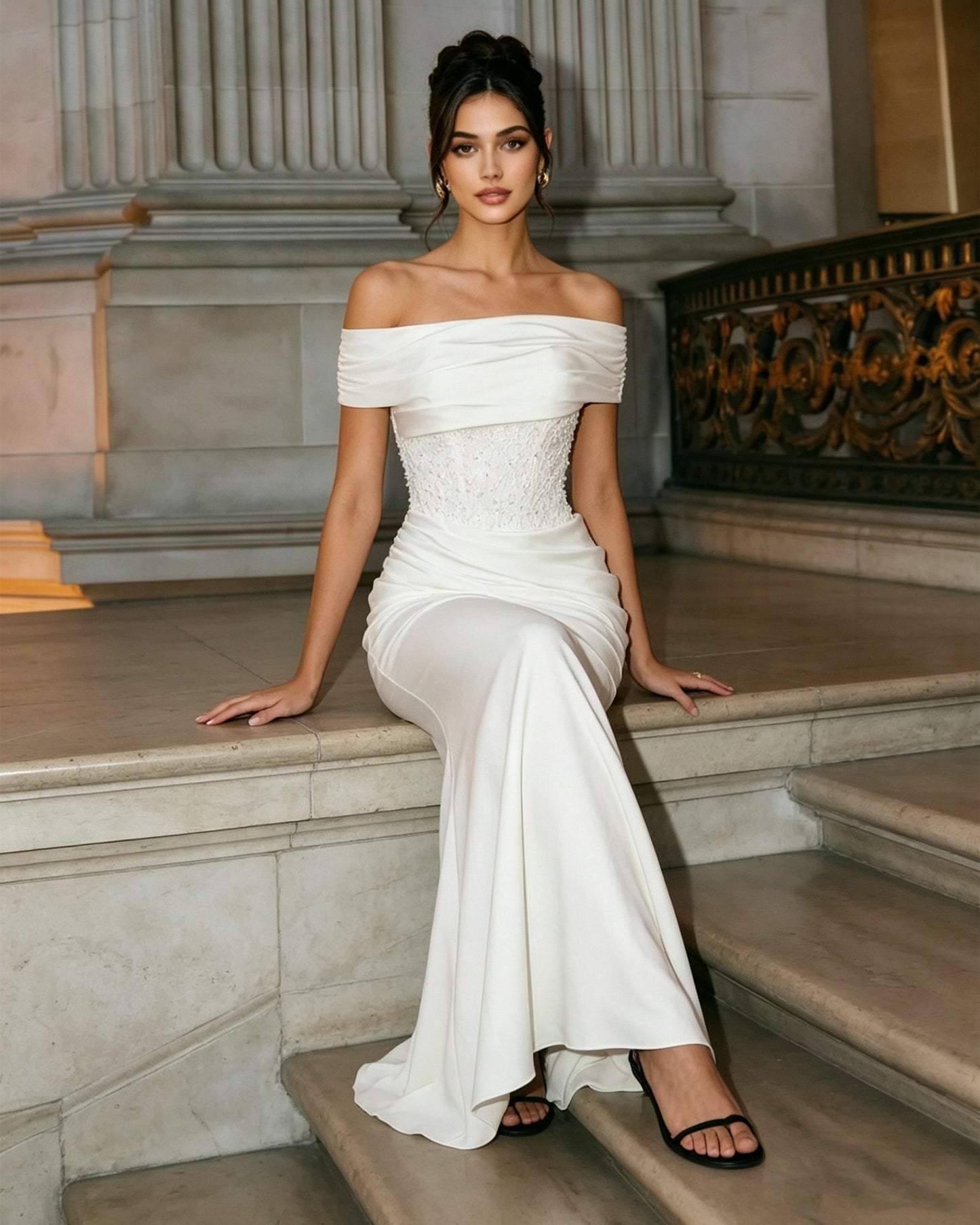 off shoulder fitted formal dress with beaded bodice and draped skirt - image 4