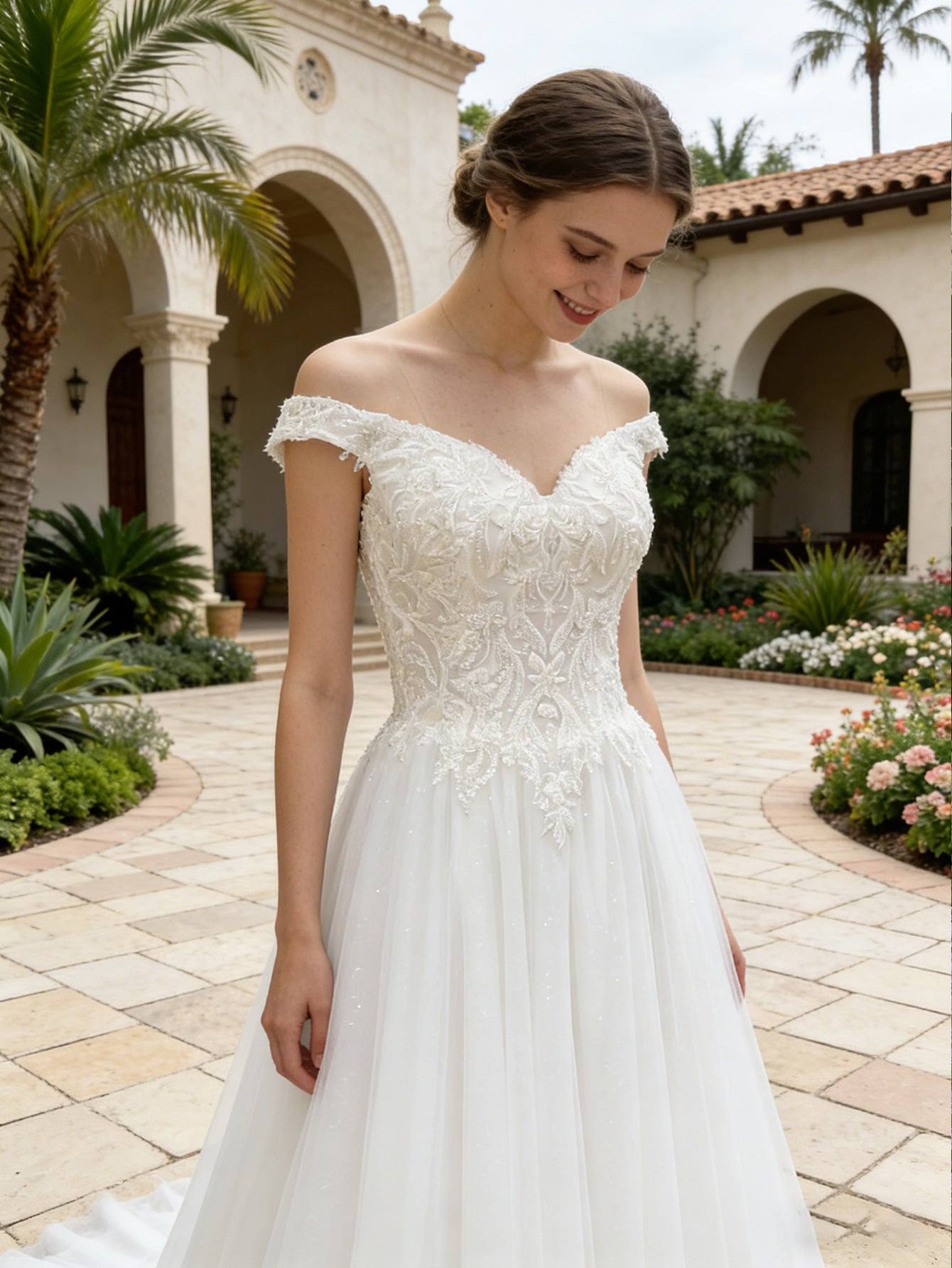 off shoulder lace tulle A-line wedding dress with sweetheart bodice - image 4
