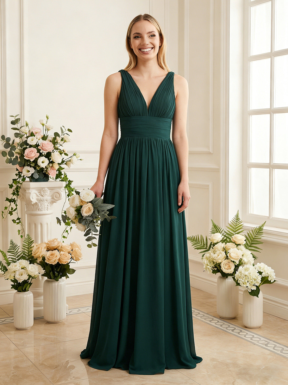 deep V-neck chiffon bridesmaid dress with pleated waist - image 4