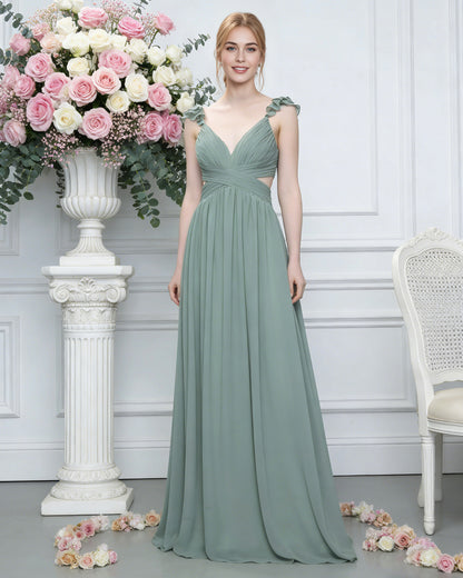 ruffle strap V-neck tulle bridesmaid dress with pleated waist - image 4