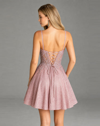 spaghetti strap lace corset glitter A-line homecoming dress - view 4
