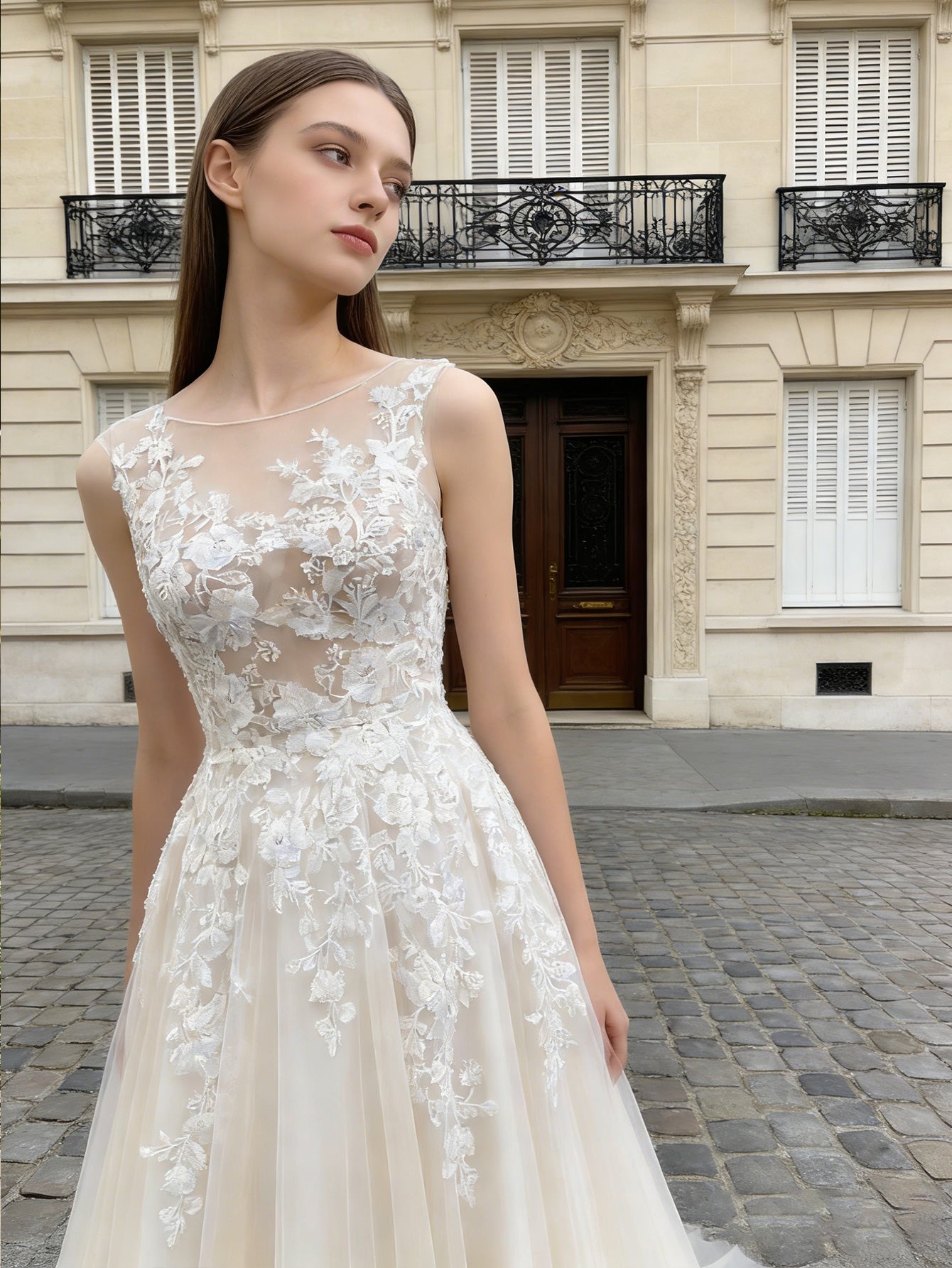 long sleeve lace A-line wedding dress with illusion neckline - image 4