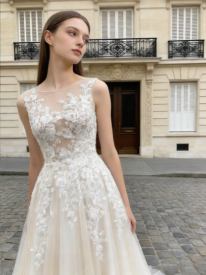 long sleeve lace A-line wedding dress with illusion neckline - image 4
