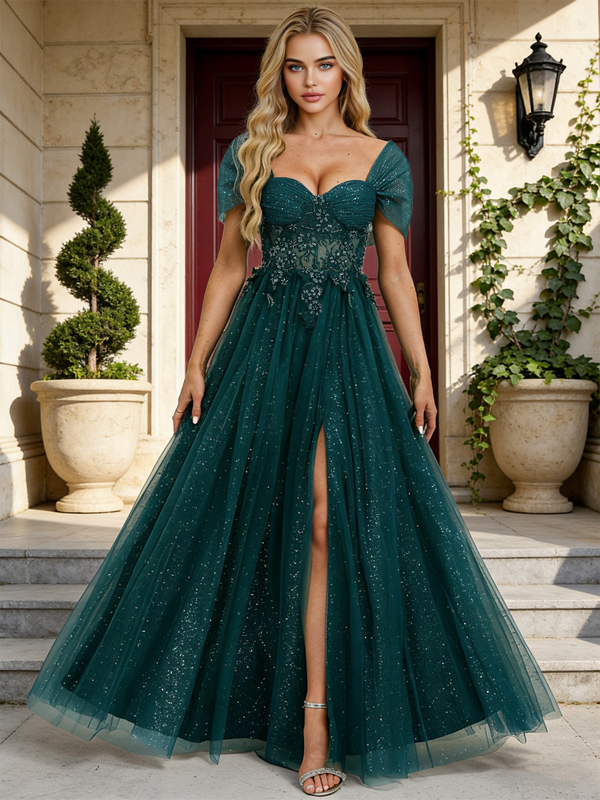 emerald short sleeve glitter tulle prom dress with illusion bodice and slit - image 4