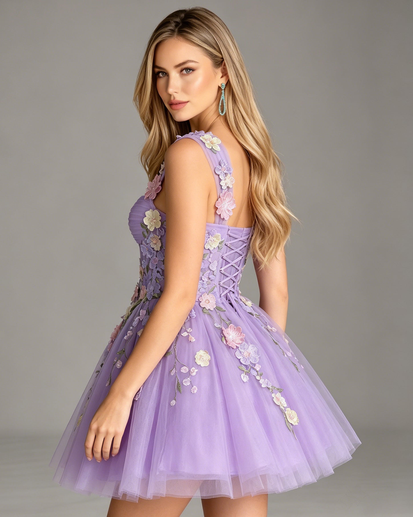 embroidered floral applique tulle A-line homecoming dress - view 4