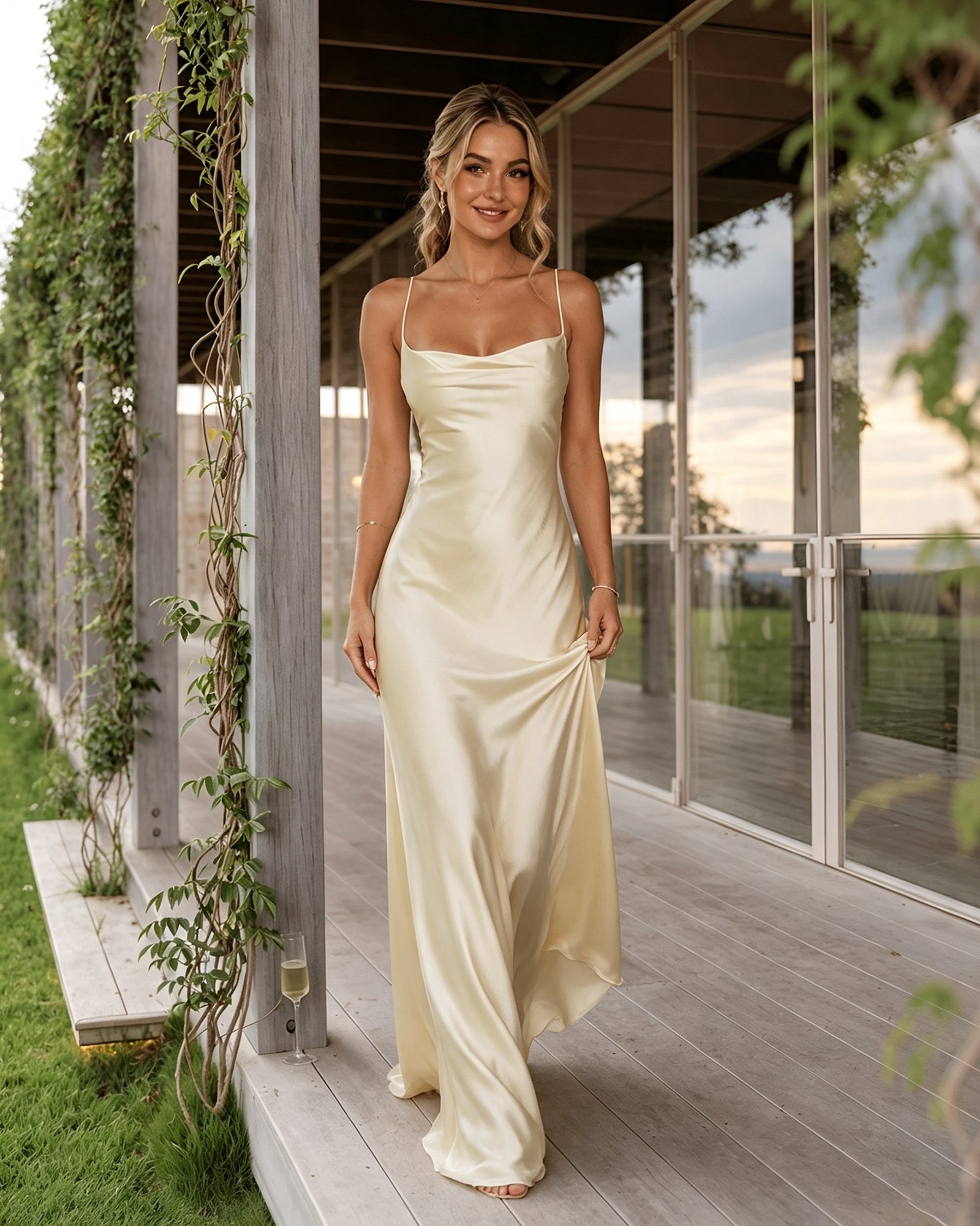 light yellow cowl neck satin bridesmaid dress with spaghetti straps and lace-up back - image 4