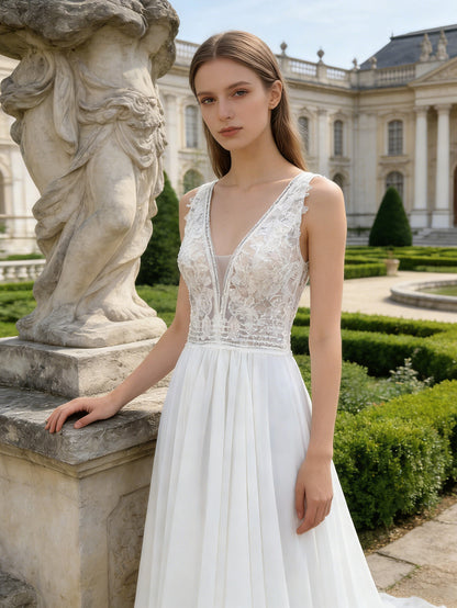 sleeveless V-neck lace tulle A-line wedding dress with illusion bodice - image 4