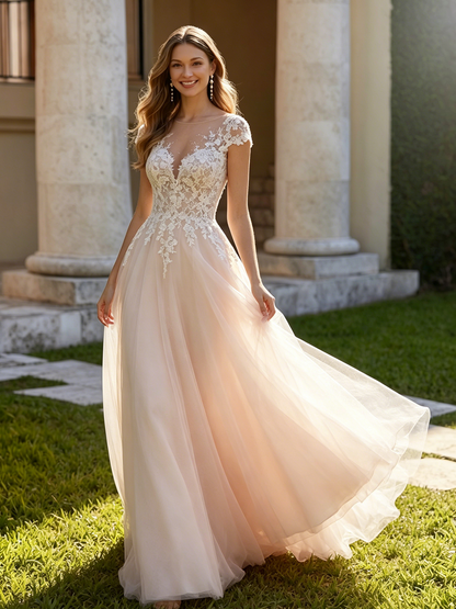 cap sleeve lace tulle A-line wedding dress with V-neck bodice - image 4