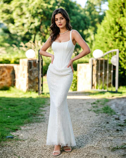 square neck sequin lace formal dress with beaded midi dress - image 4