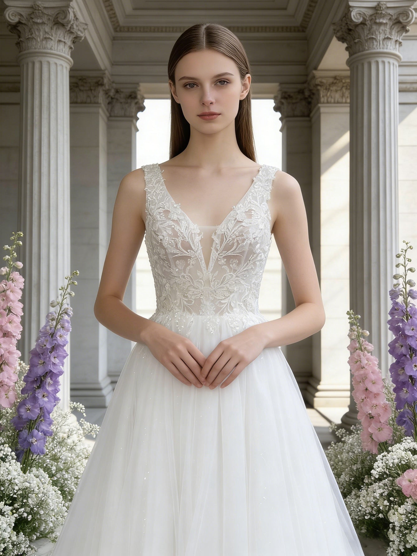 sleeveless V-neck tulle wedding dress with lace bodice and full skirt - image 4