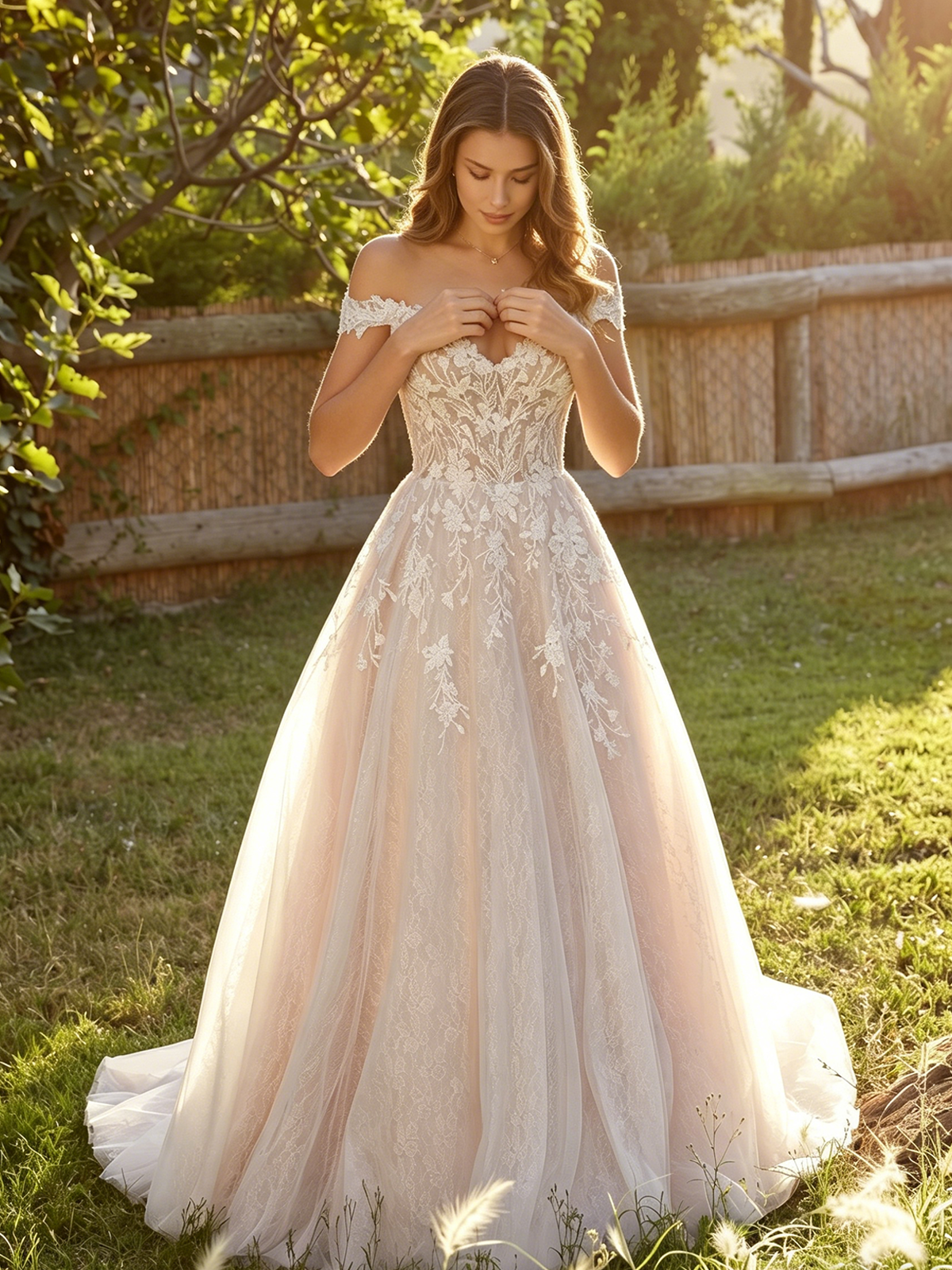 spaghetti strap lace tulle A-line wedding dress with floral applique - image 4