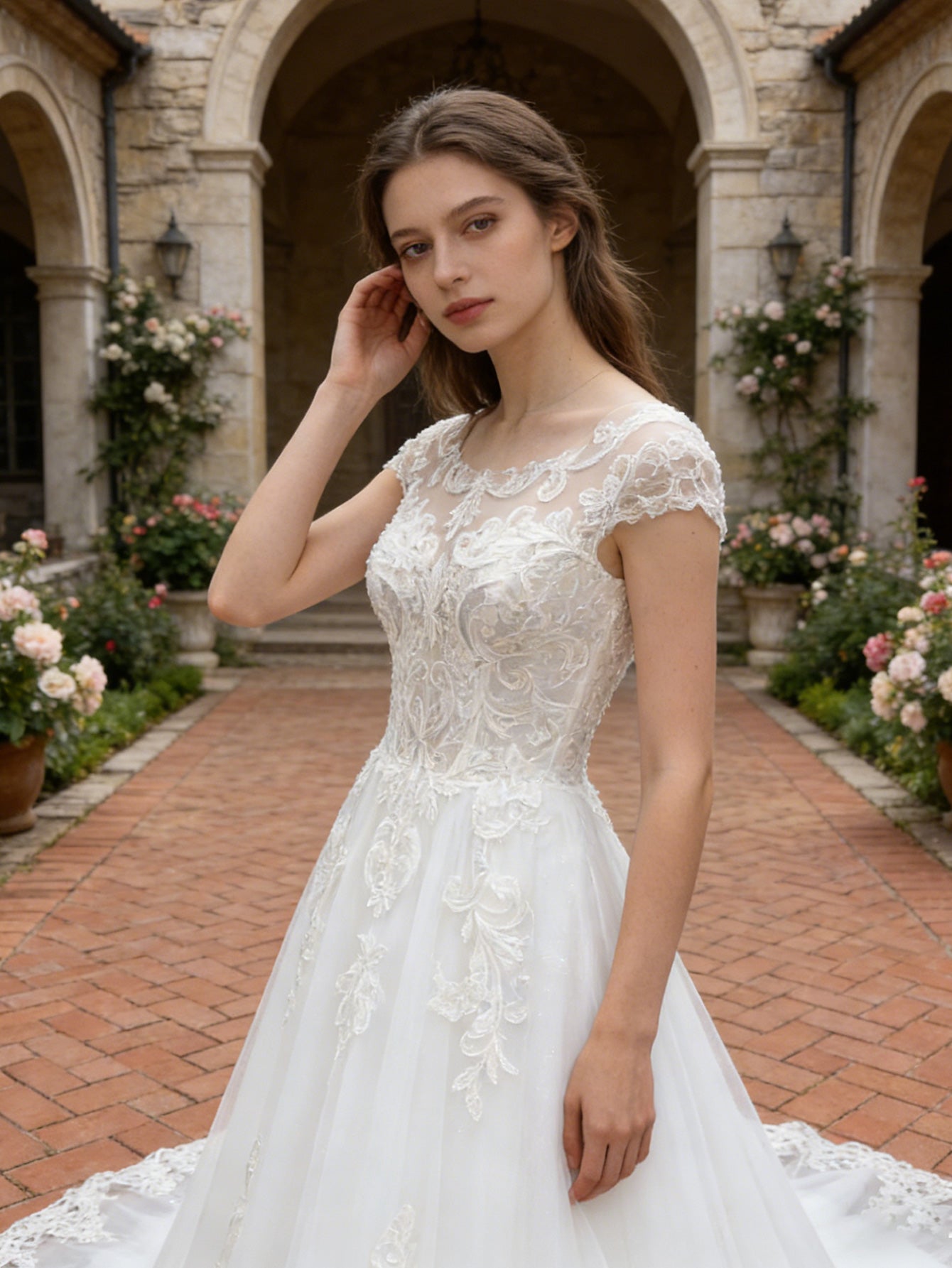 off shoulder lace A-line wedding dress with floral applique train - image 4