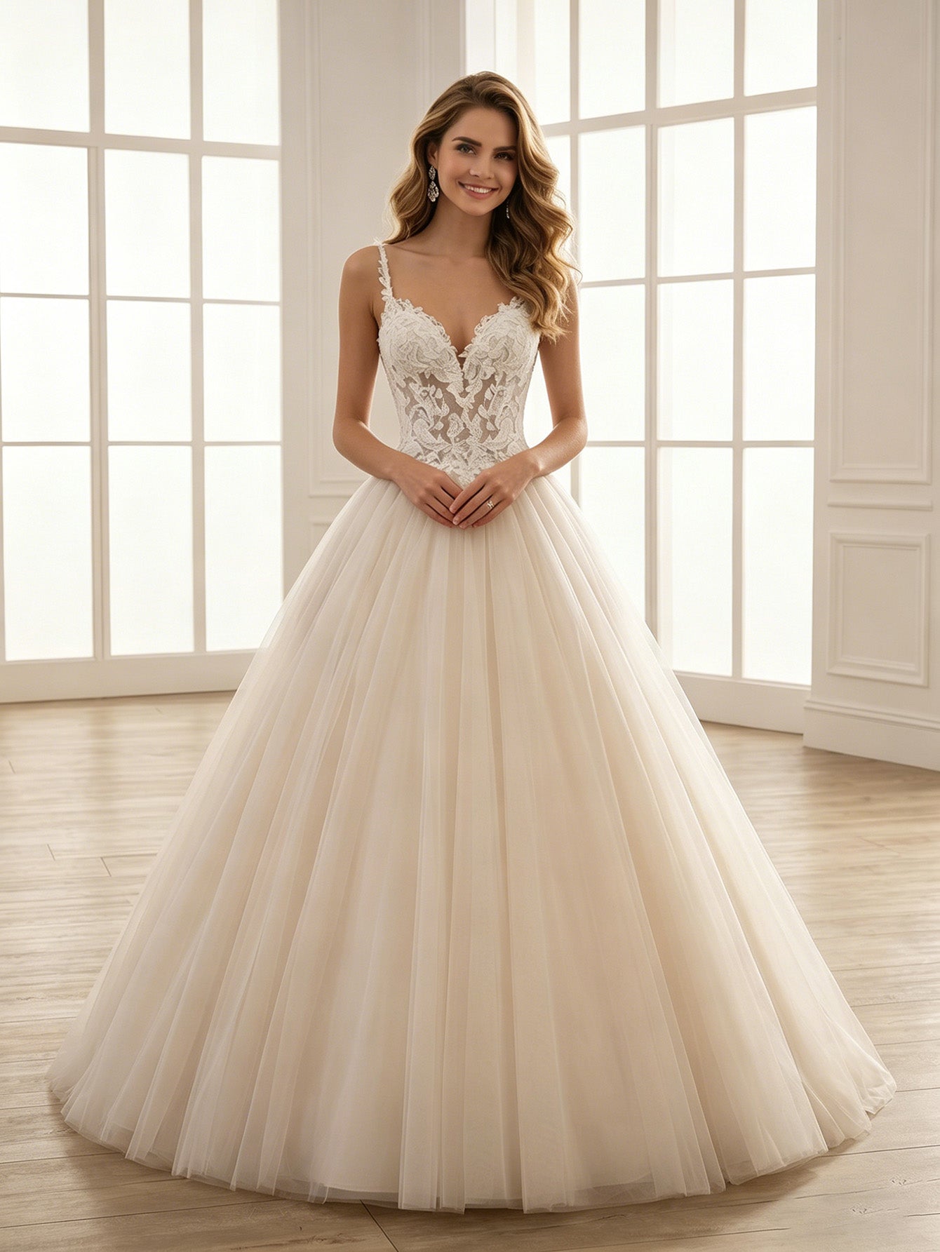 spaghetti strap lace tulle ball gown wedding dress with beaded bodice - image 4