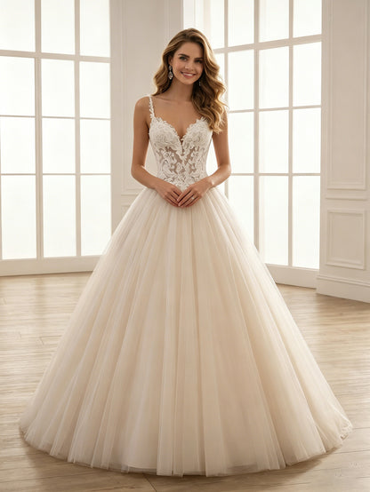 spaghetti strap lace tulle ball gown wedding dress with beaded bodice - image 4
