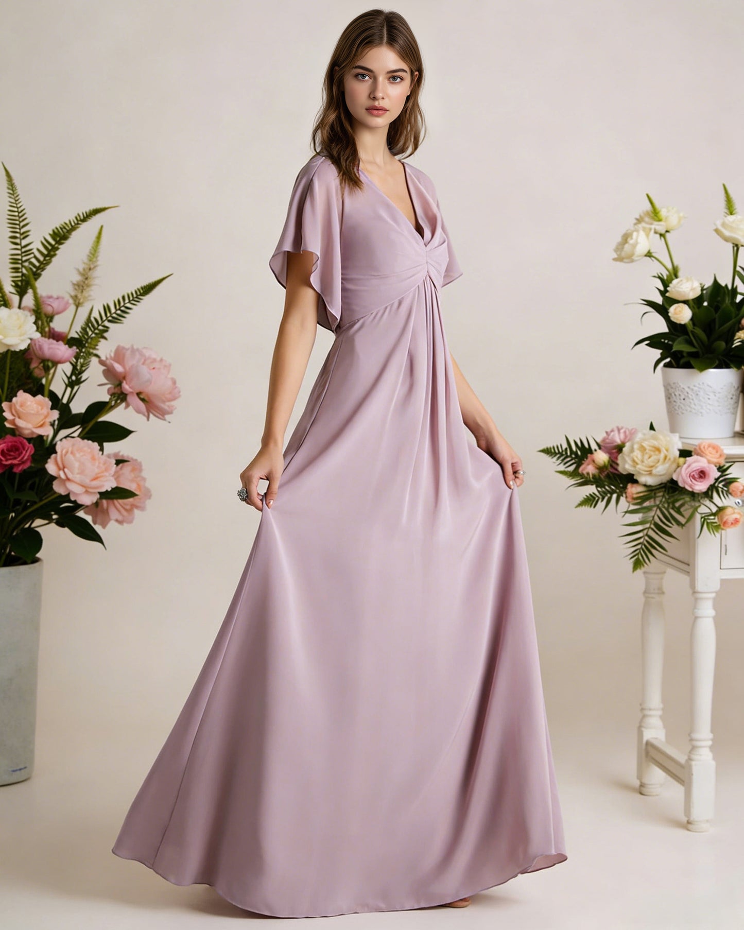 short sleeve V-neck chiffon bridesmaid dress with gathered waist - image 4