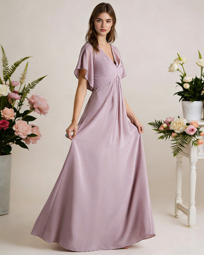 short sleeve V-neck chiffon bridesmaid dress with gathered waist - image 4