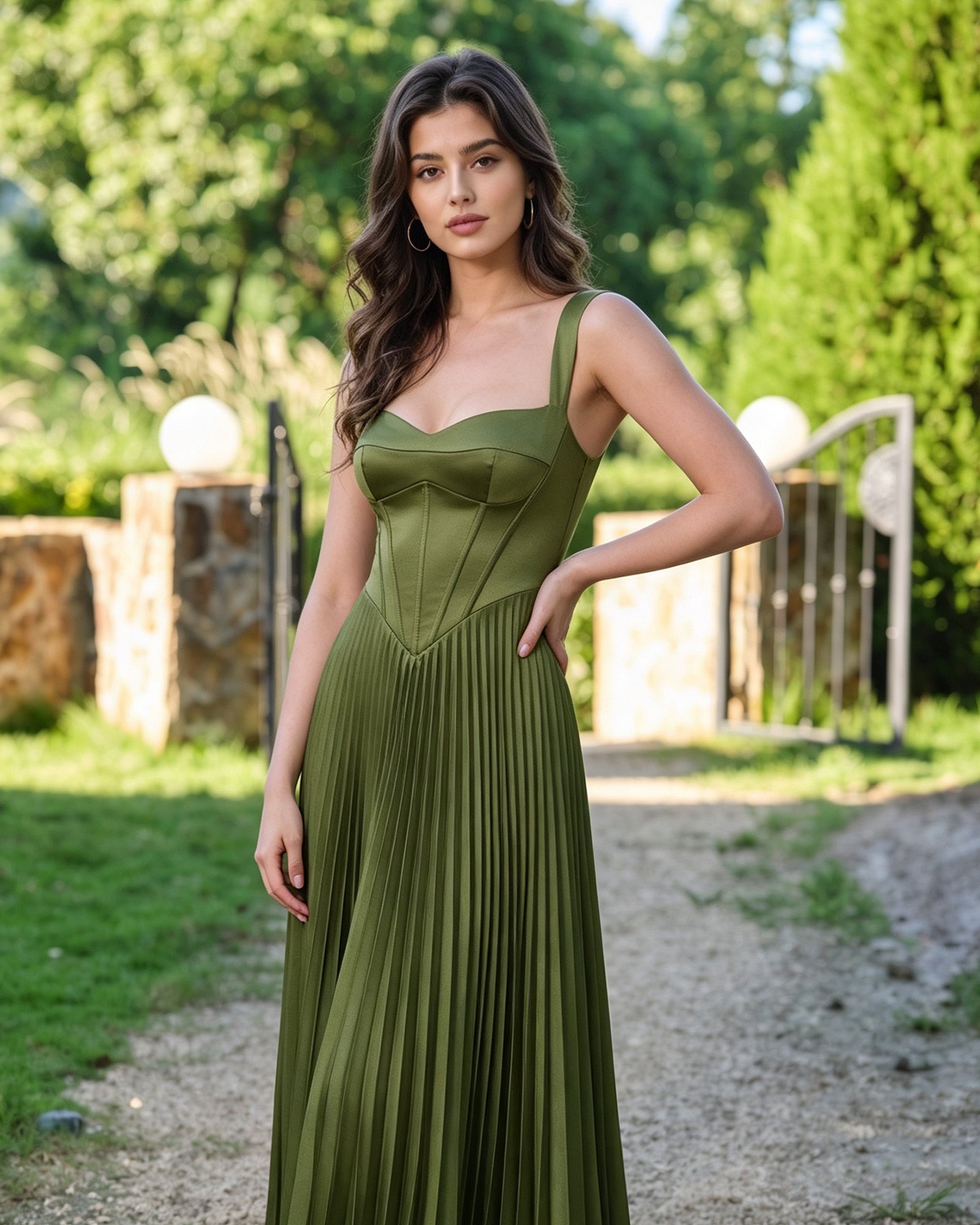 square neck corset midi formal dress with pleated A-line skirt - image 3