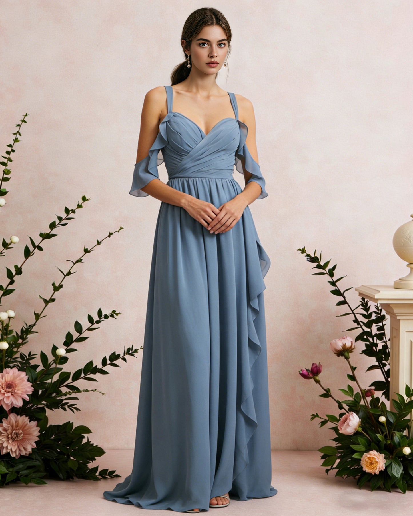 cold shoulder chiffon bridesmaid dress with draped V-neck bodice - image 4