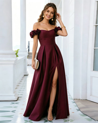 off shoulder floral sleeve satin formal dress with side slit - image 4