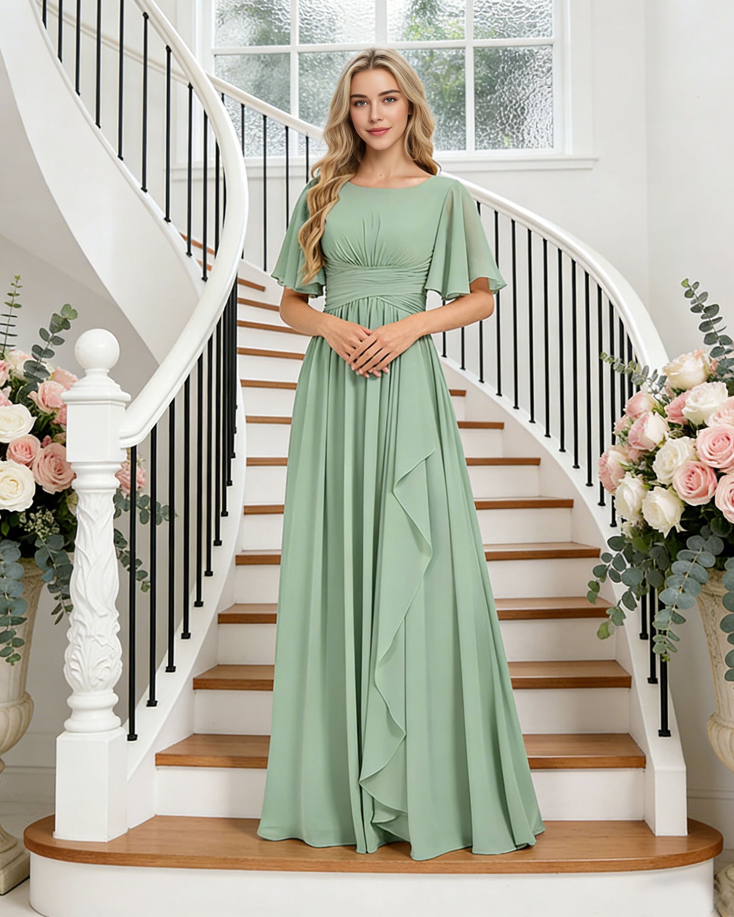 flutter sleeve chiffon bridesmaid dress with tiered front ruffle - image 4