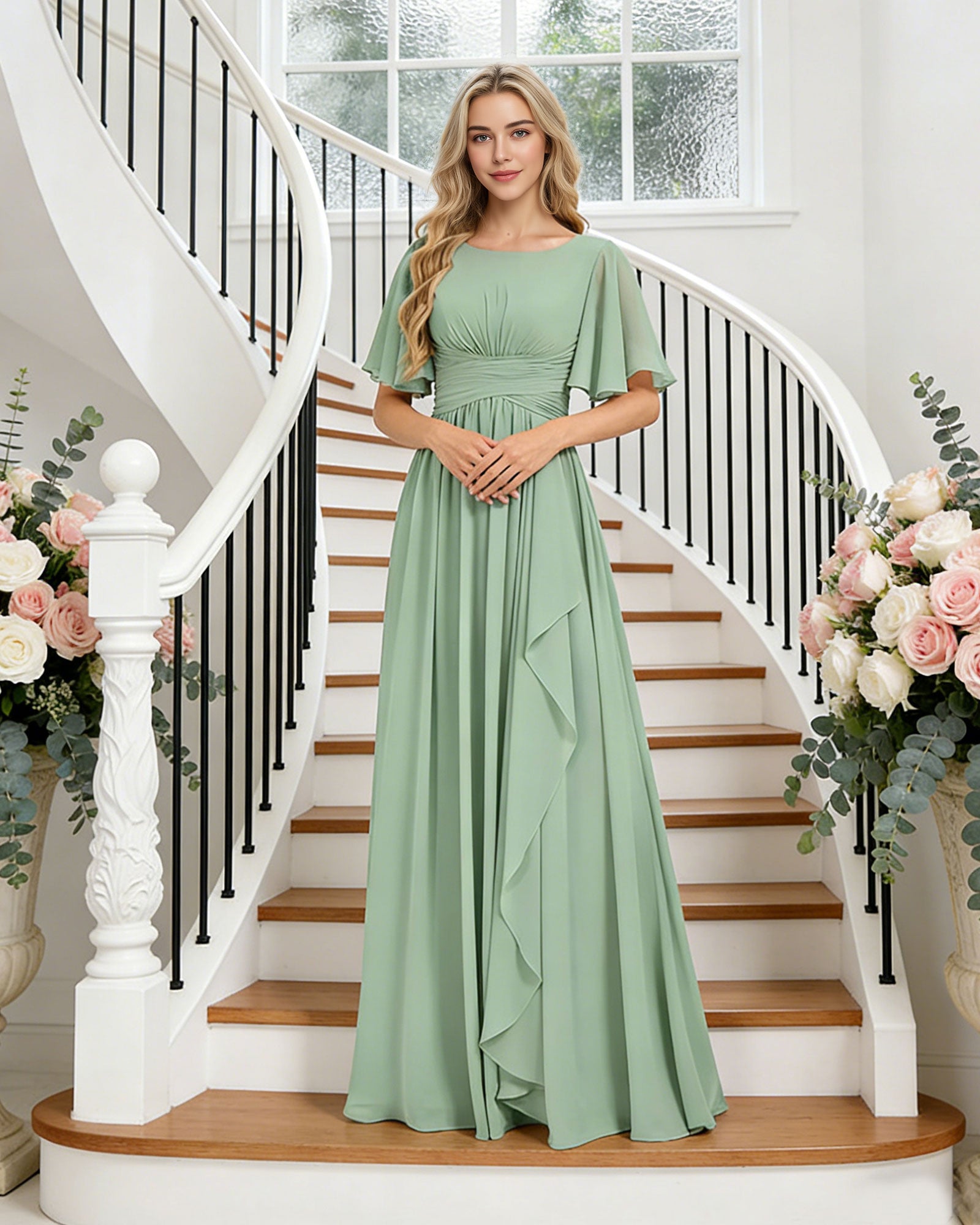 flutter sleeve chiffon bridesmaid dress with tiered front ruffle - image 4