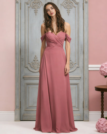 off shoulder chiffon bridesmaid dress with draped bodice and A-line skirt - image 5