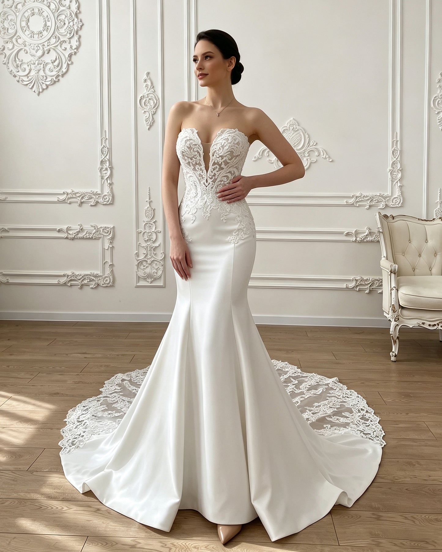 strapless lace mermaid wedding dress with corset bodice and chapel train - image 4