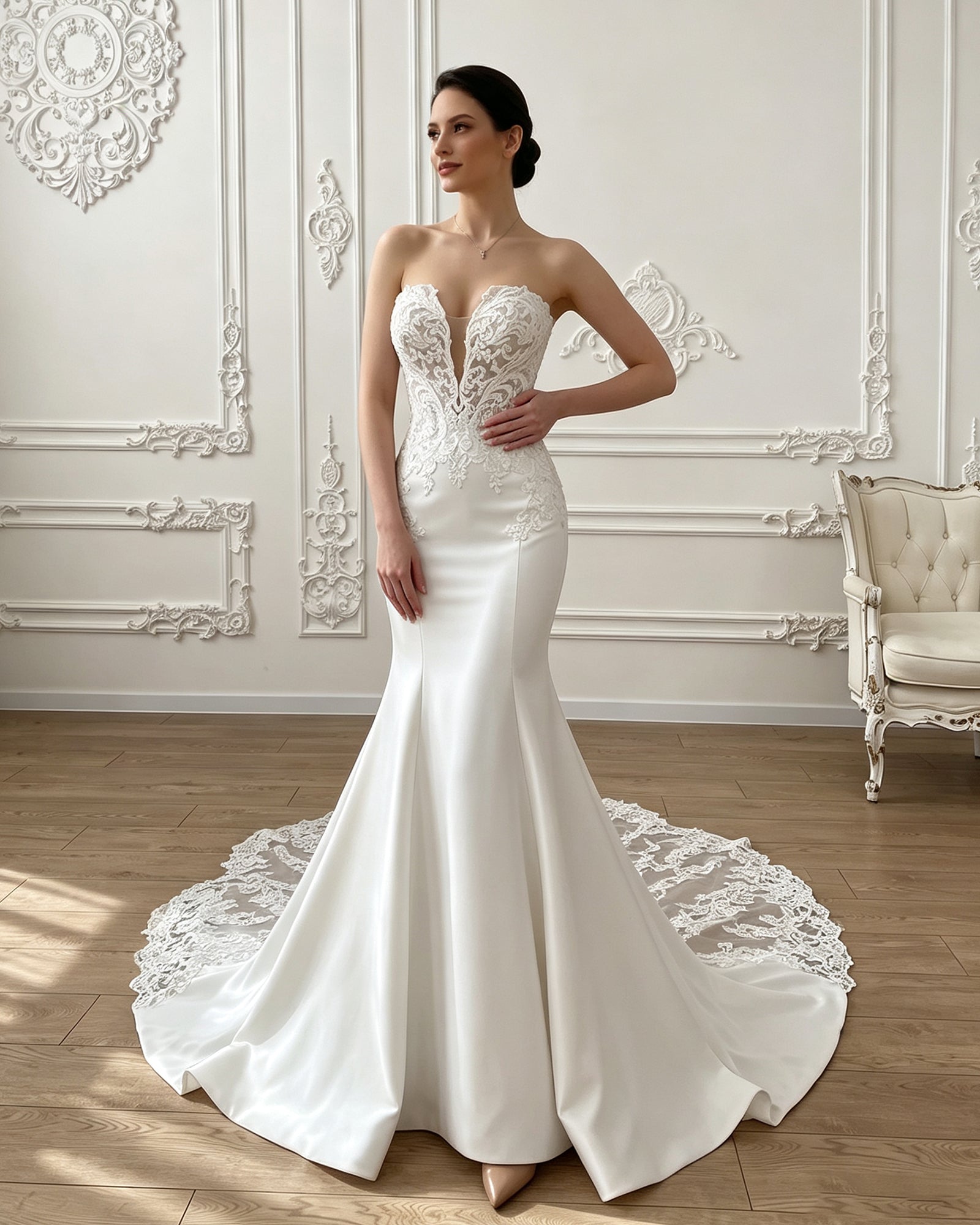 strapless lace mermaid wedding dress with corset bodice and chapel train - image 4