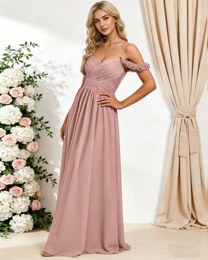 off shoulder lace applique bridesmaid dress with flowing chiffon dress - image 4