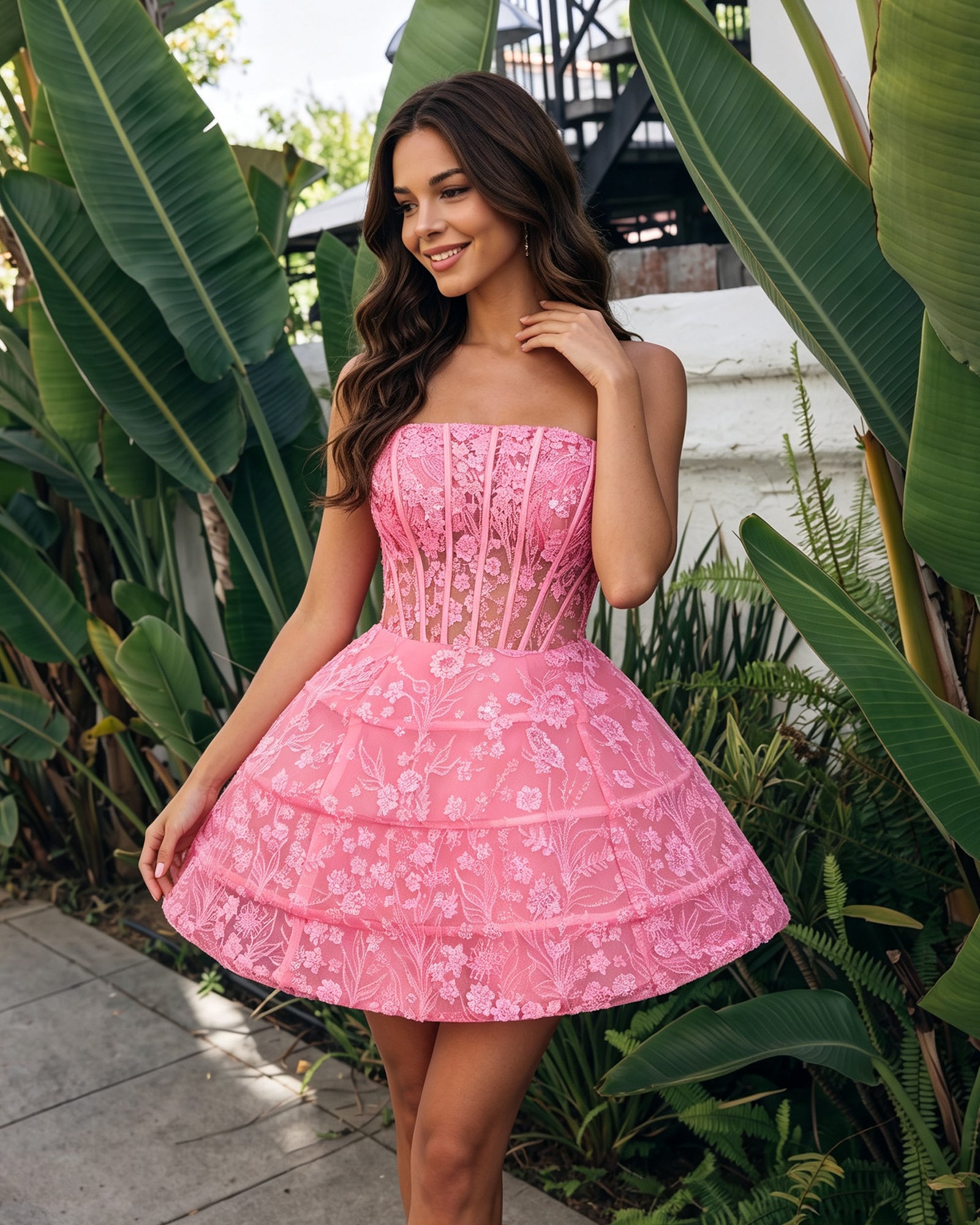 Strapless Floral Embroidered Corset Tiered A-Line Mini Homecoming Dress - full-length front view